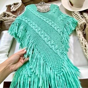 Granny fringe knit poncho boho sweater w southwestern Aqua dream hippy vibe